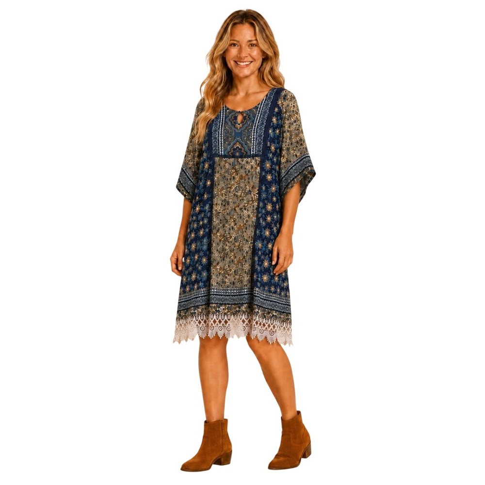 Coldwater Creek Womens Petite XL Mixed Print Lace Trim Shift Dress Blue Boho
